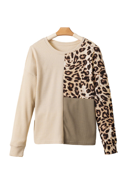 Pale Khaki Casual Waffle Knit Leopard Contrast Long Sleeve Top - In Style Chics Boutique LLC