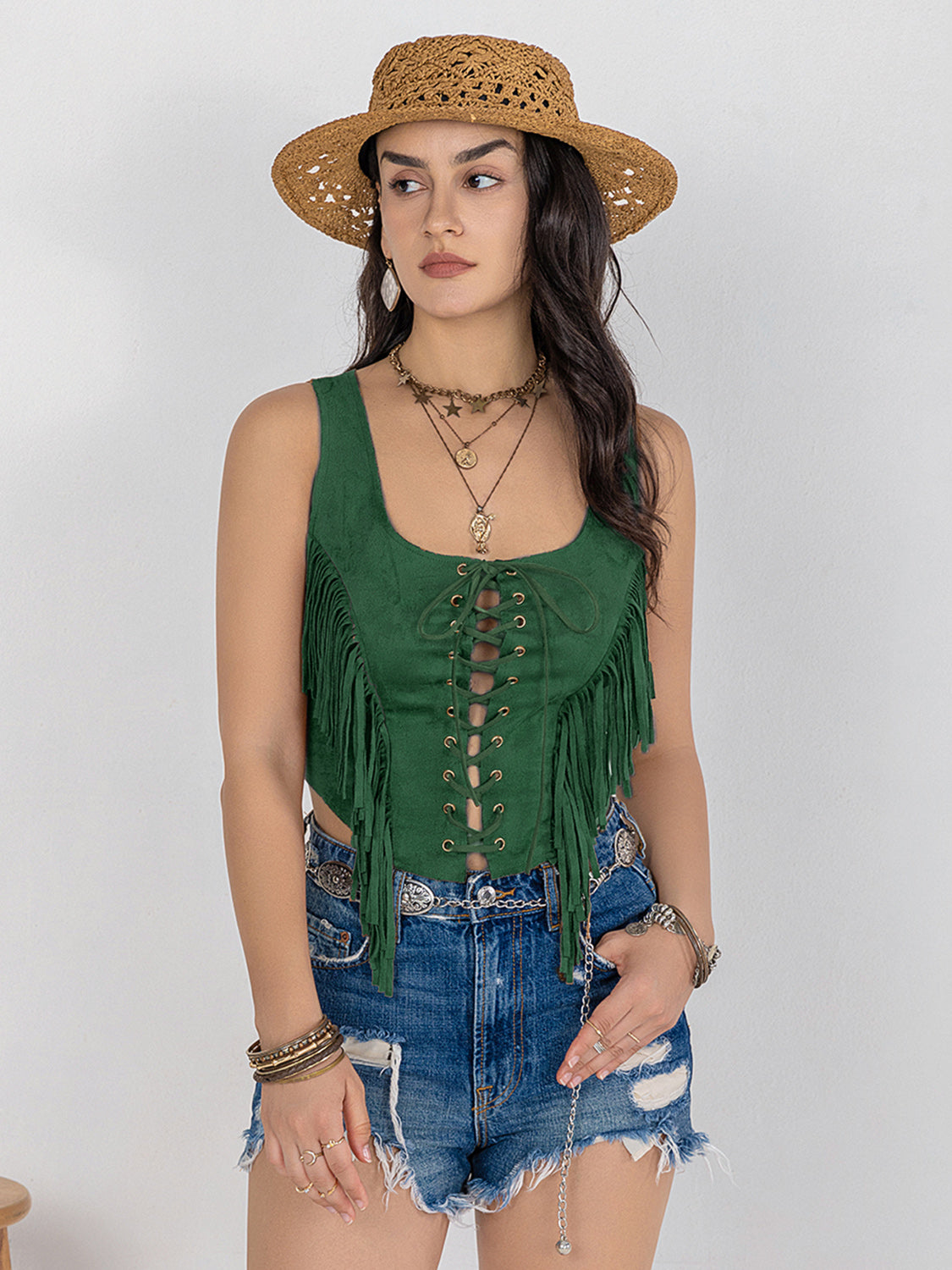 Fringe Lace-Up Wide Strap Tank - In Style Chics Boutique LLC