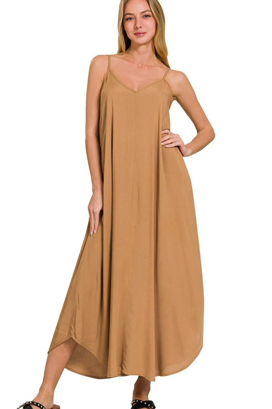 Cami Dress With Flowy Pockets Woven Arc Hem  - In Style Chics Boutique 