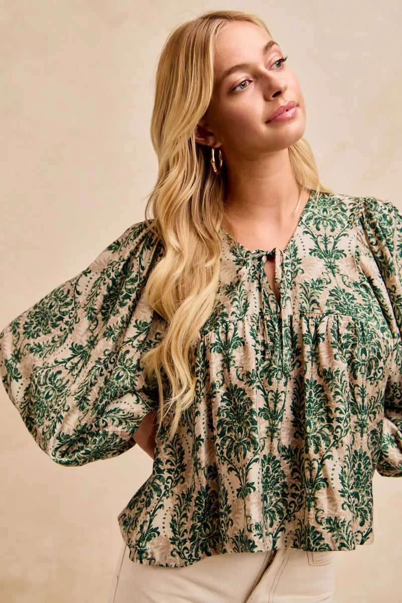 Printed Woven Front Tied Blouse with Balloon Sleeve at In Style Chics Boutique 