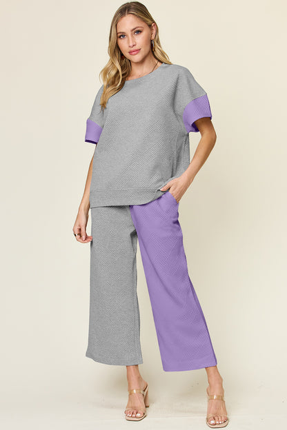 Double Take Full Size Texture Contrast T-Shirt and Wide Leg Pants Set - More Colors! - In Style Chics Boutique LLC