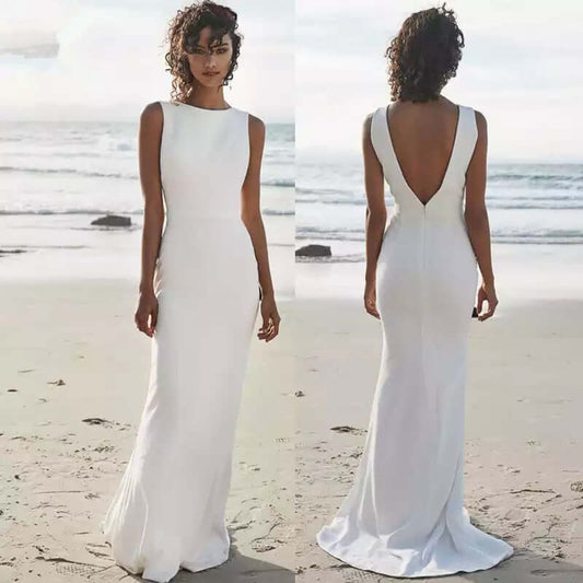 Beach Wedding Dress V Back Soft Satin Floor-length Skirt Mermaid Bride - In Style Chics Boutique LLC