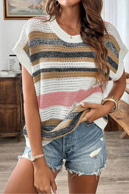 Cute Clothes Online - Stripe Color Block Eyelet Knit Short Sleeve Sweater Tee - In Style Chics Boutique Women's Juniors 