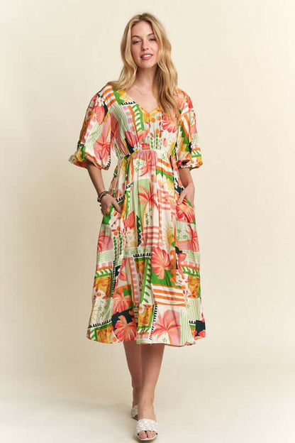 ADORA Floral V-Neck Puff Sleeve Midi Dress - In Style Chics Boutique LLC