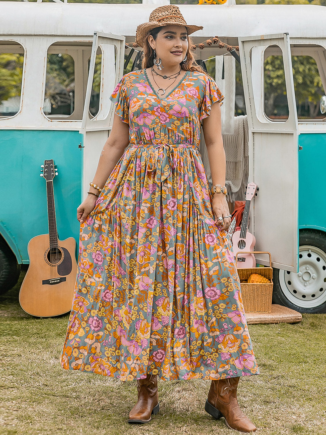 Plus Size Ruffled Printed Cap Sleeve Dress - In Style Chics Boutique LLC