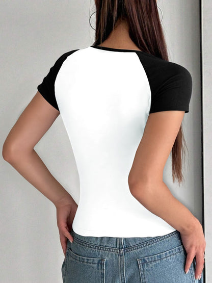 Devine Contrast Scoop Neck Short Sleeve T-Shirt - In Style Chics Boutique LLC