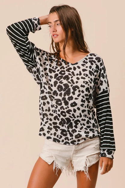 Leopard Hacci Knit Twist Open Back Top With Stripe Sleeve, In Style Chics Boutique