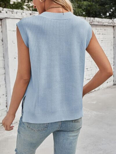 Women's Ribbed V-Neck Slit Sweater Vest - In Style Chics Boutique 