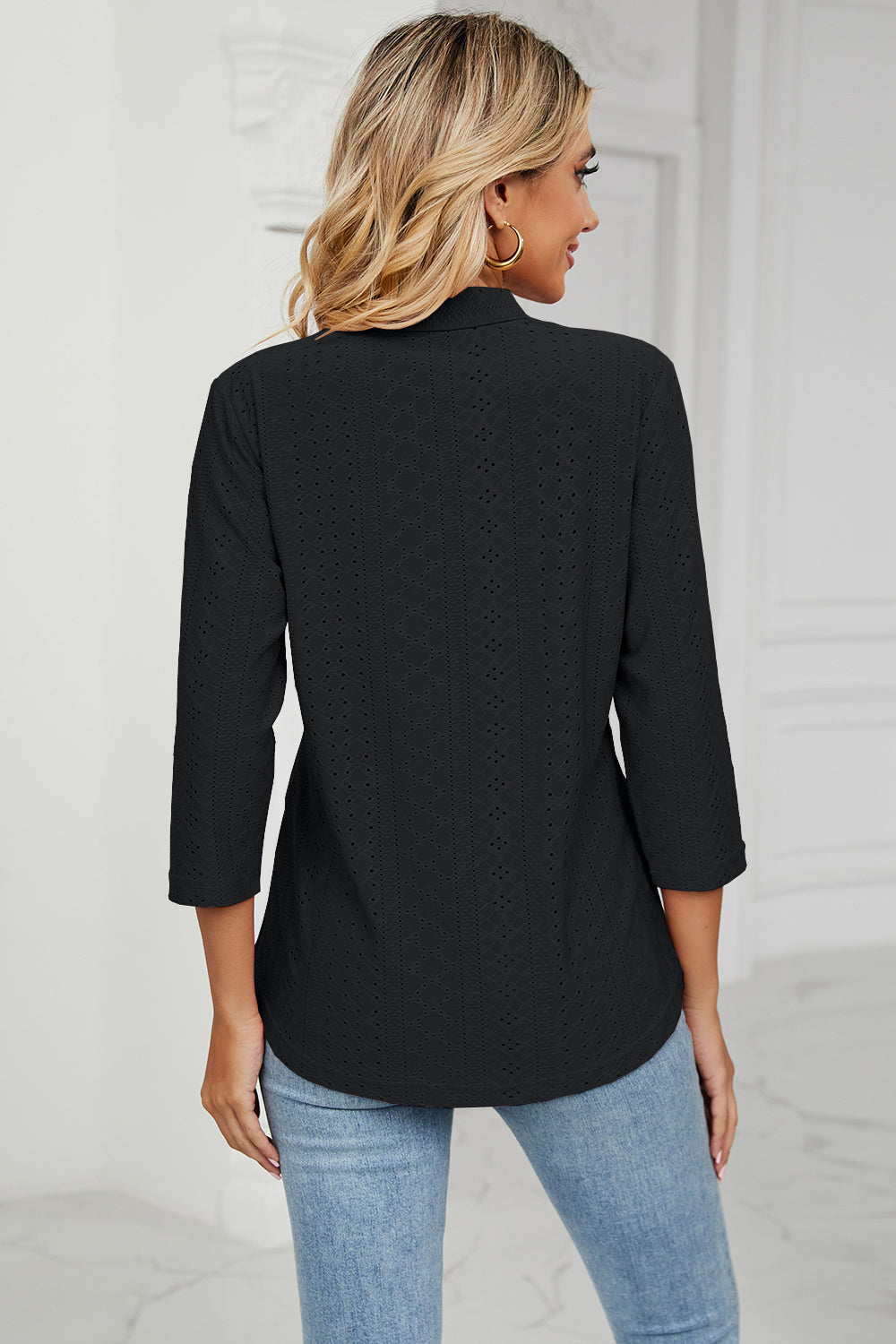 Eyelet Three-Quarter Sleeve Blouse - In Style Chics Boutique LLC