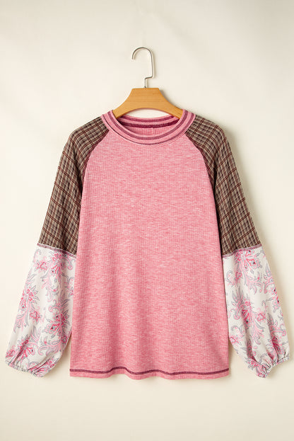 Jet Stream Floral Plaid Mixed Print Patchwork Raglan Ribbed Top