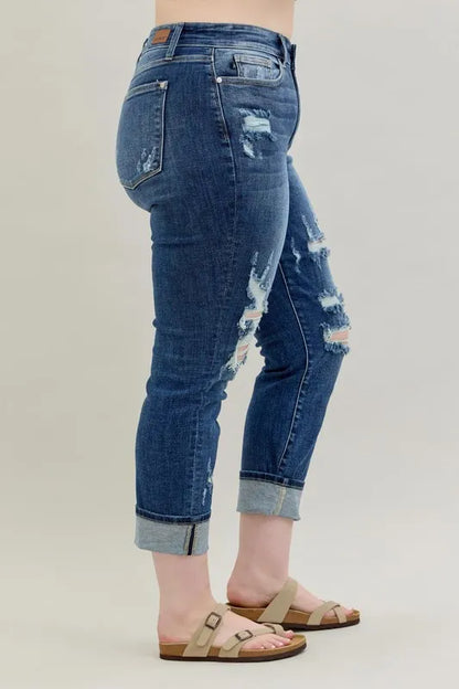 Judy Blue Mid Rise Cuffed Destroy Boyfriend Jeans - In Style Chics Boutique Women's Clothes Online Plus Size 