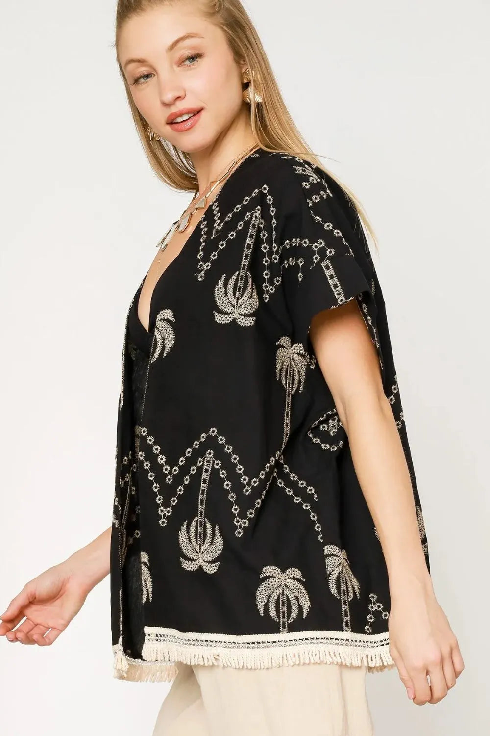 Open Front Kimono, Embroidered & Fringe 