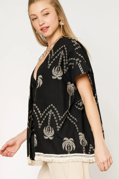 Open Front Kimono, Embroidered & Fringe 