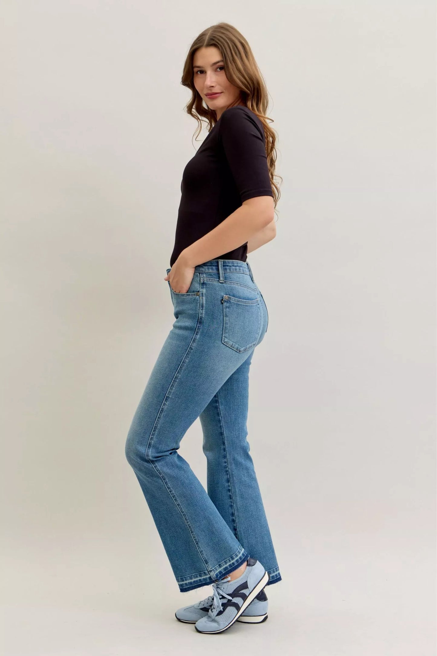Judy Blue Mid Rise Slim Bootcut Tummy Control Release Hem Jeans 💙 at In Style Chics Boutique 