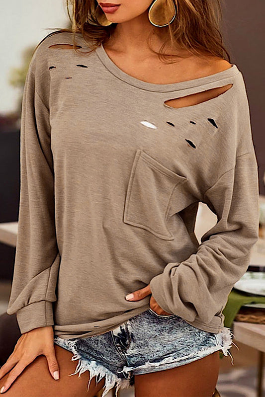 Distressed Pocketed Round Neck Long Sleeve T-Shirt - In Style Chics Boutique LLC