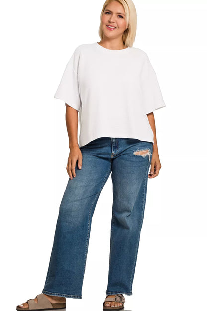 Double Knit Side Slits Hi Low Short Sleeve White Top 🤍 at In Style Chics Boutique 