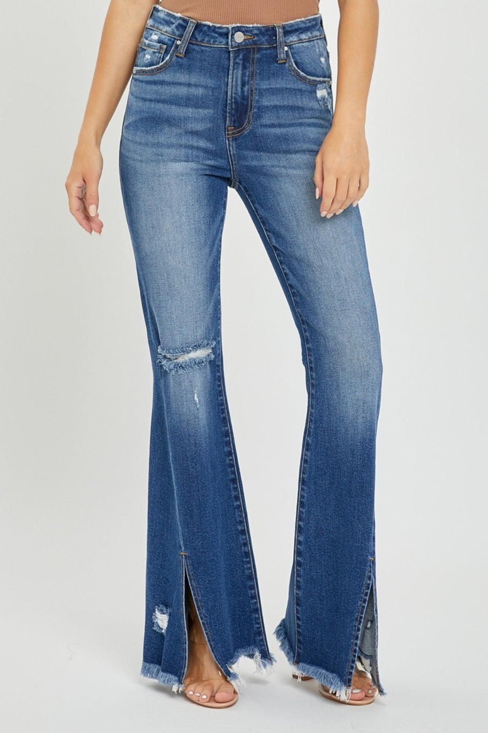 RISEN Full Size High Rise Front Slit Frayed Hem Flare Jeans - In Style Chics Boutique LLC