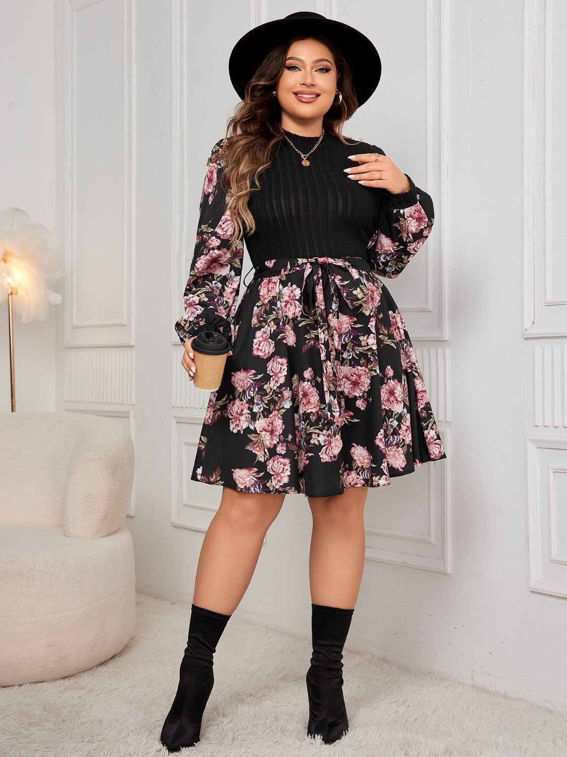 Plus Size Tied Printed Long Sleeve Dress - In Style Chics Boutique LLC