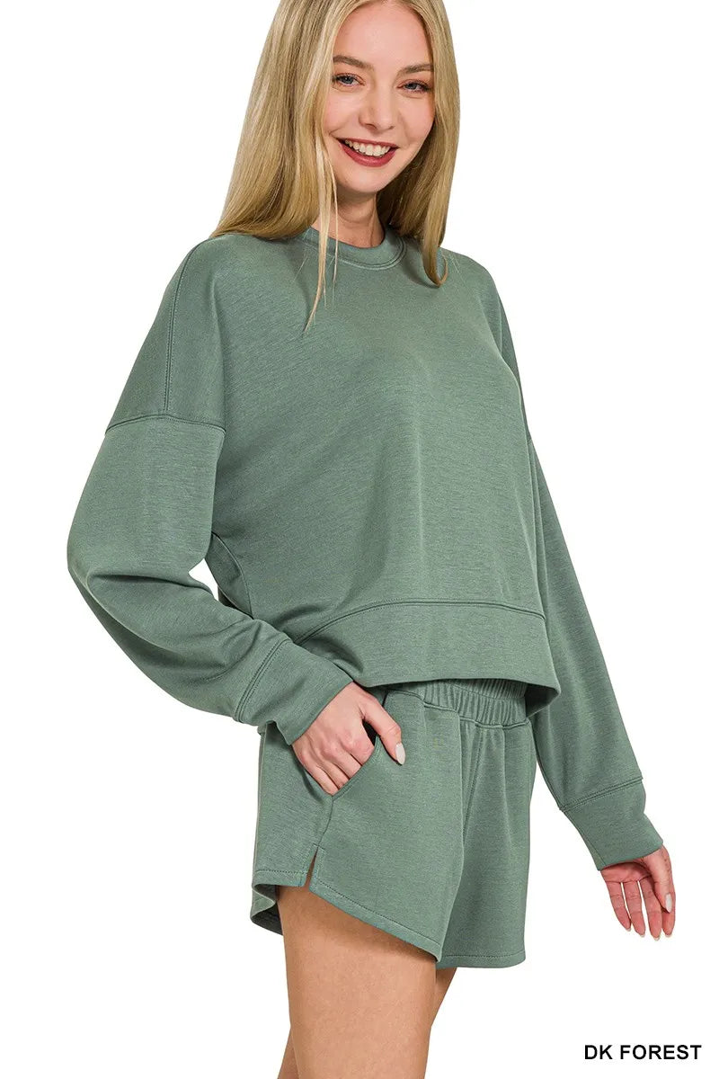 Zenana Scuba Long Sleeve Sweatshirts & Shorts Set