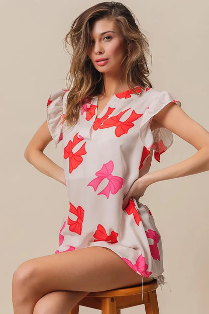 Bow Printed Woven Ruffled Sleeves V Neck Top at In Style Chics Boutique 