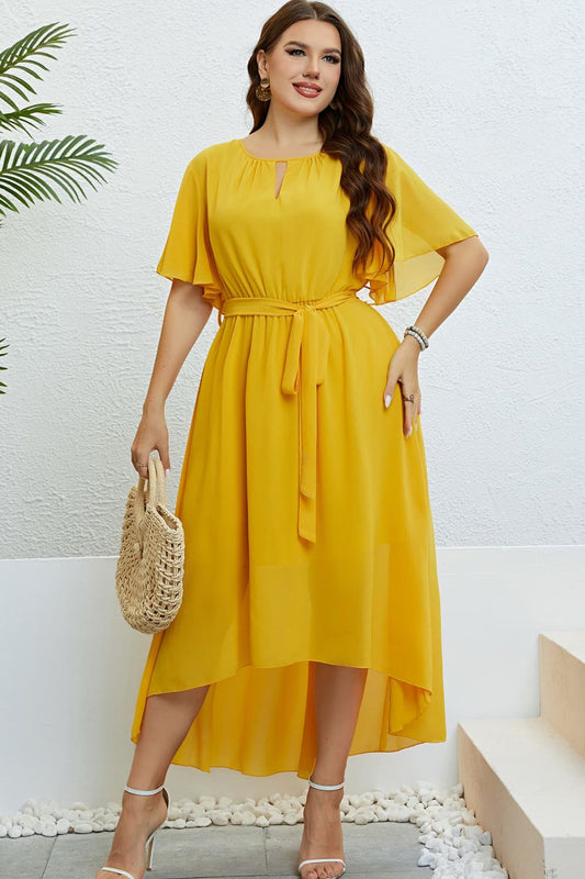 Belted Flutter Sleeve High-Low Dress - In Style Chics Boutique LLC