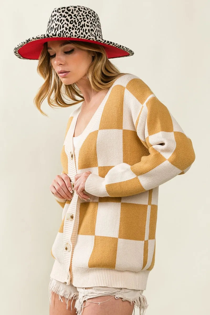 Checked V-neck Cardigan at In Style Chics Boutique 