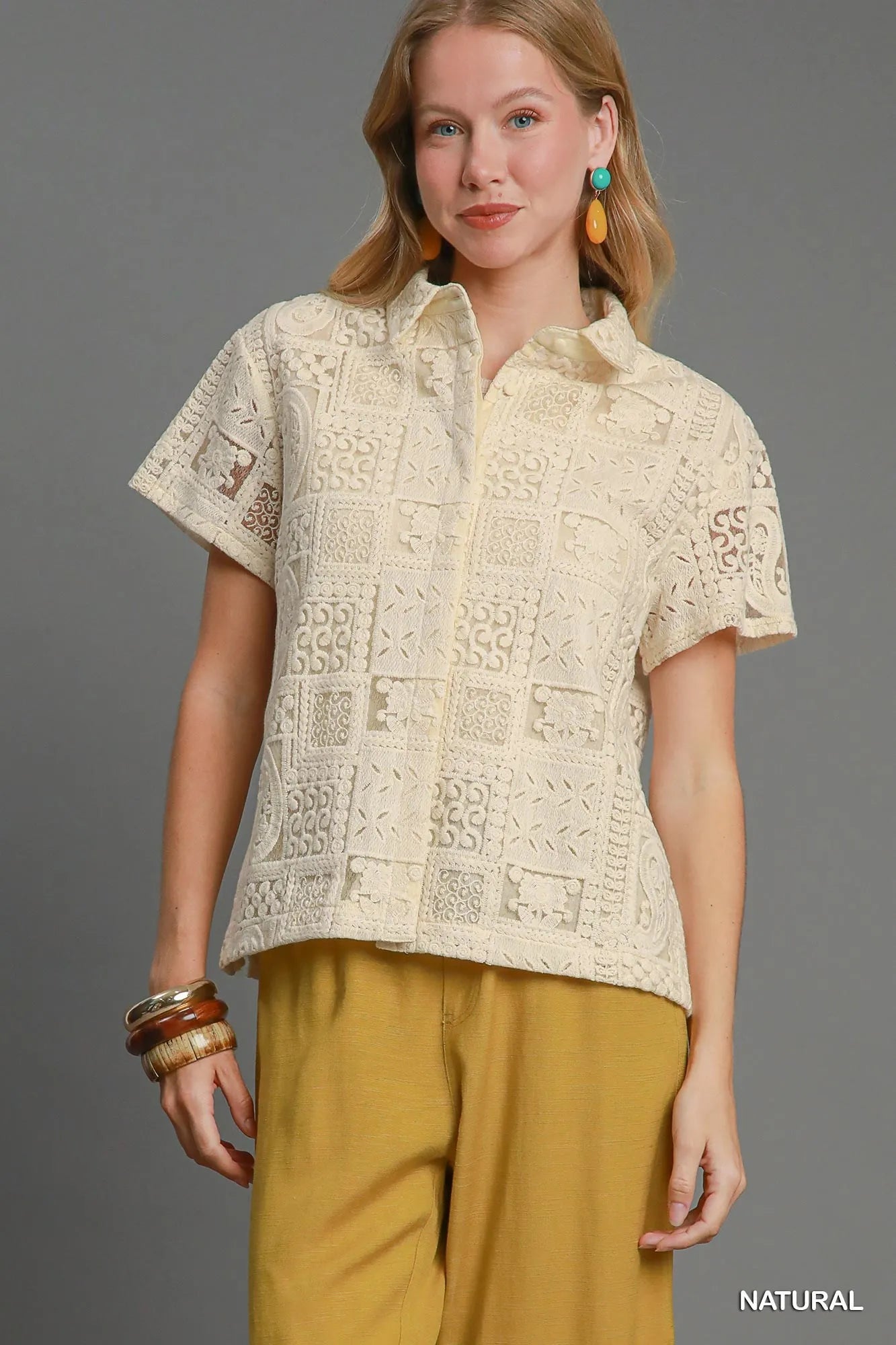 Short Sleeve Button Down Shirt Patch Lace at In Style Chics Boutique 