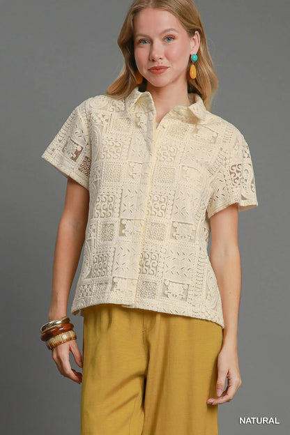 Short Sleeve Button Down Shirt Patch Lace at In Style Chics Boutique 
