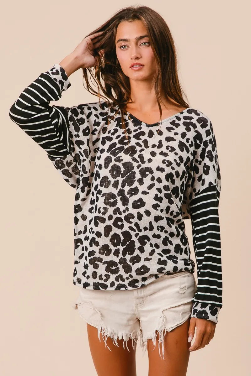 Leopard Hacci Knit Twist Back Top With Stripe Sleeve, In Style Chics Boutique