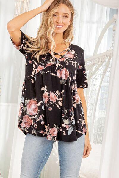 Crisscross Neck Floral Babydoll Top - In Style Chics Boutique 