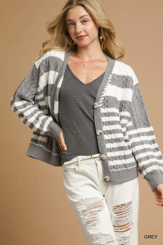 Cable-Knit Stripe Button-Up Cardigan at In Style Chics Boutique 