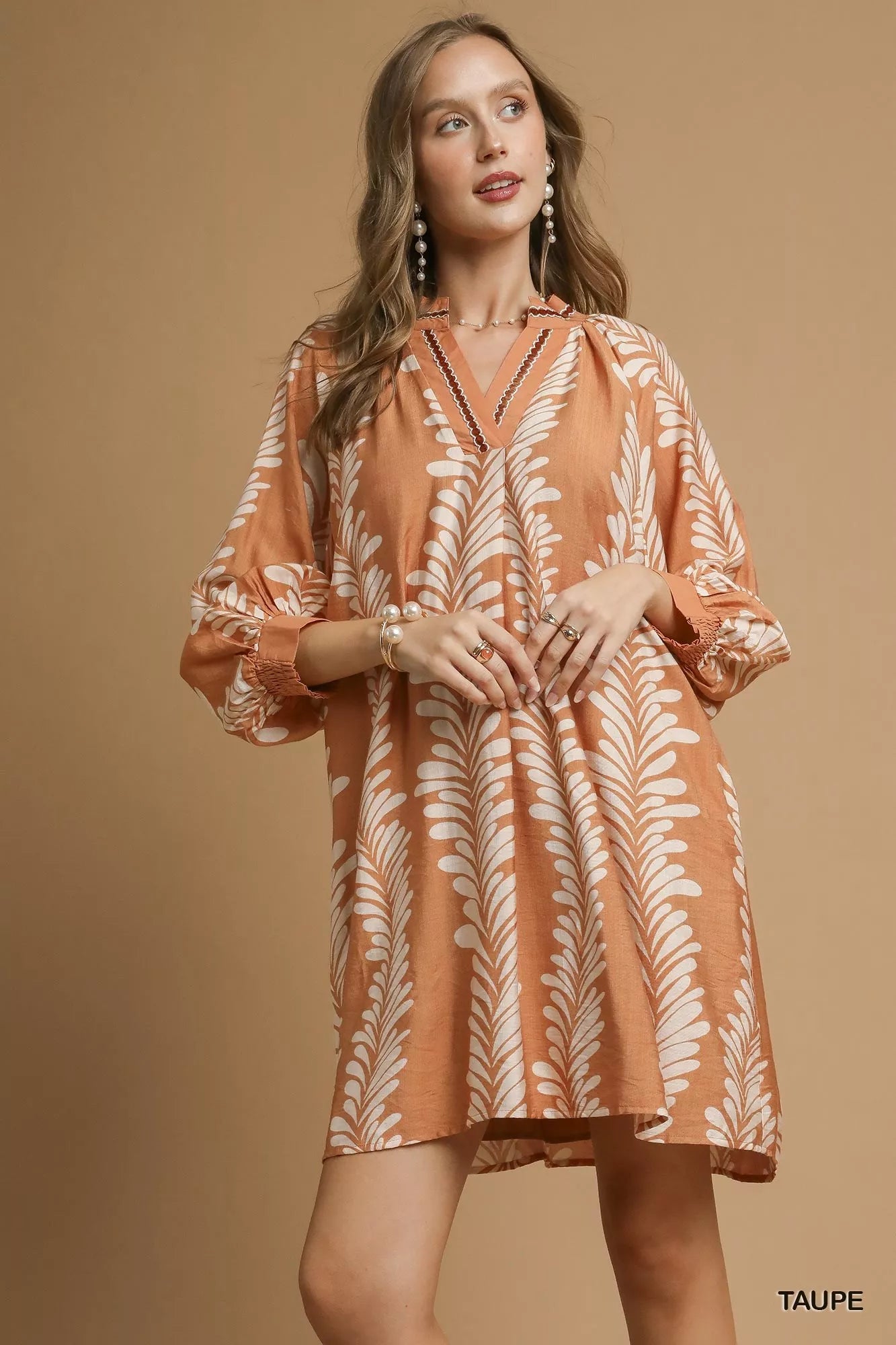 Leaf Print Notched Mini Babydoll Dress at In Style Chics Boutique 
