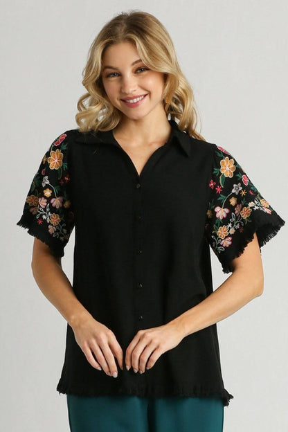 Linen Shirt with Embroidered Sleeves - Cute Clothing - In Style Chics Boutique Online Women's Juniors Plus Size Apparel