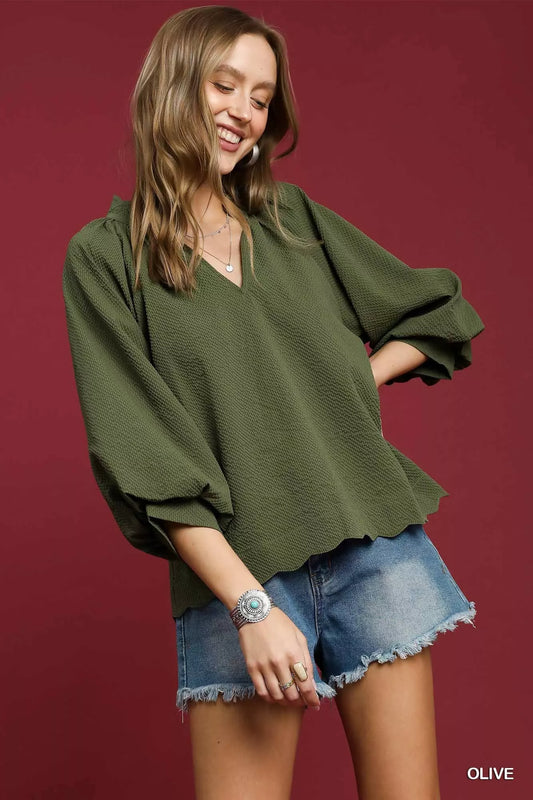 Textured Blouse, Notched Balloon Sleeve  at In Style Chics Boutique 
