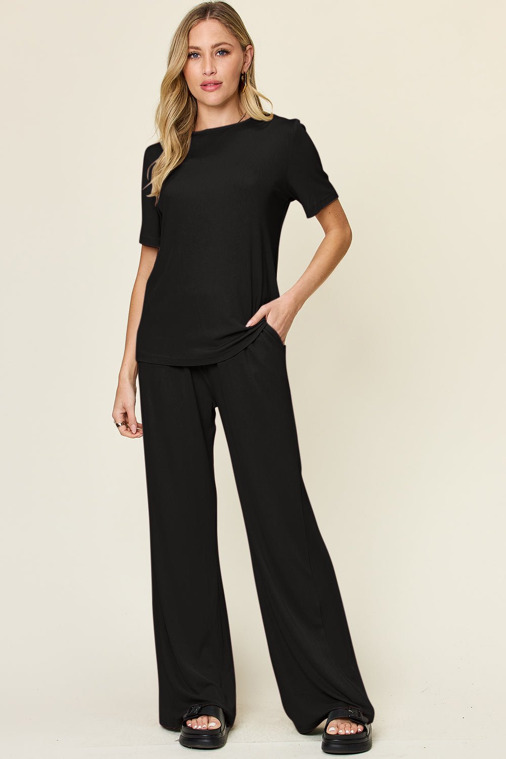 Double Take Round Neck Short Sleeve T-Shirt & Wide Leg Pants Set - In Style Chics Boutique LLC