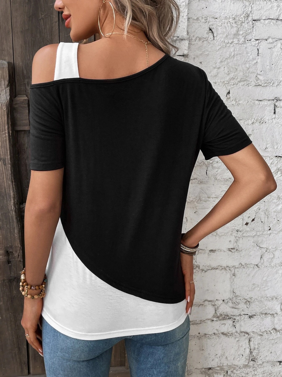 Contrast Asymmetrical Neck Short Sleeve T-Shirt - In Style Chics Boutique LLC