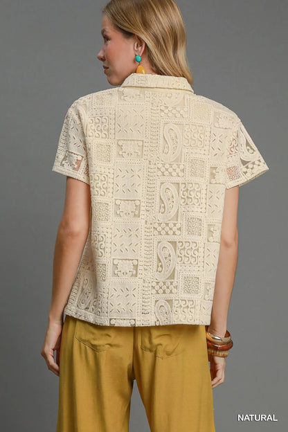 Short Sleeve Button Down Shirt Patch Lace at In Style Chics Boutique 