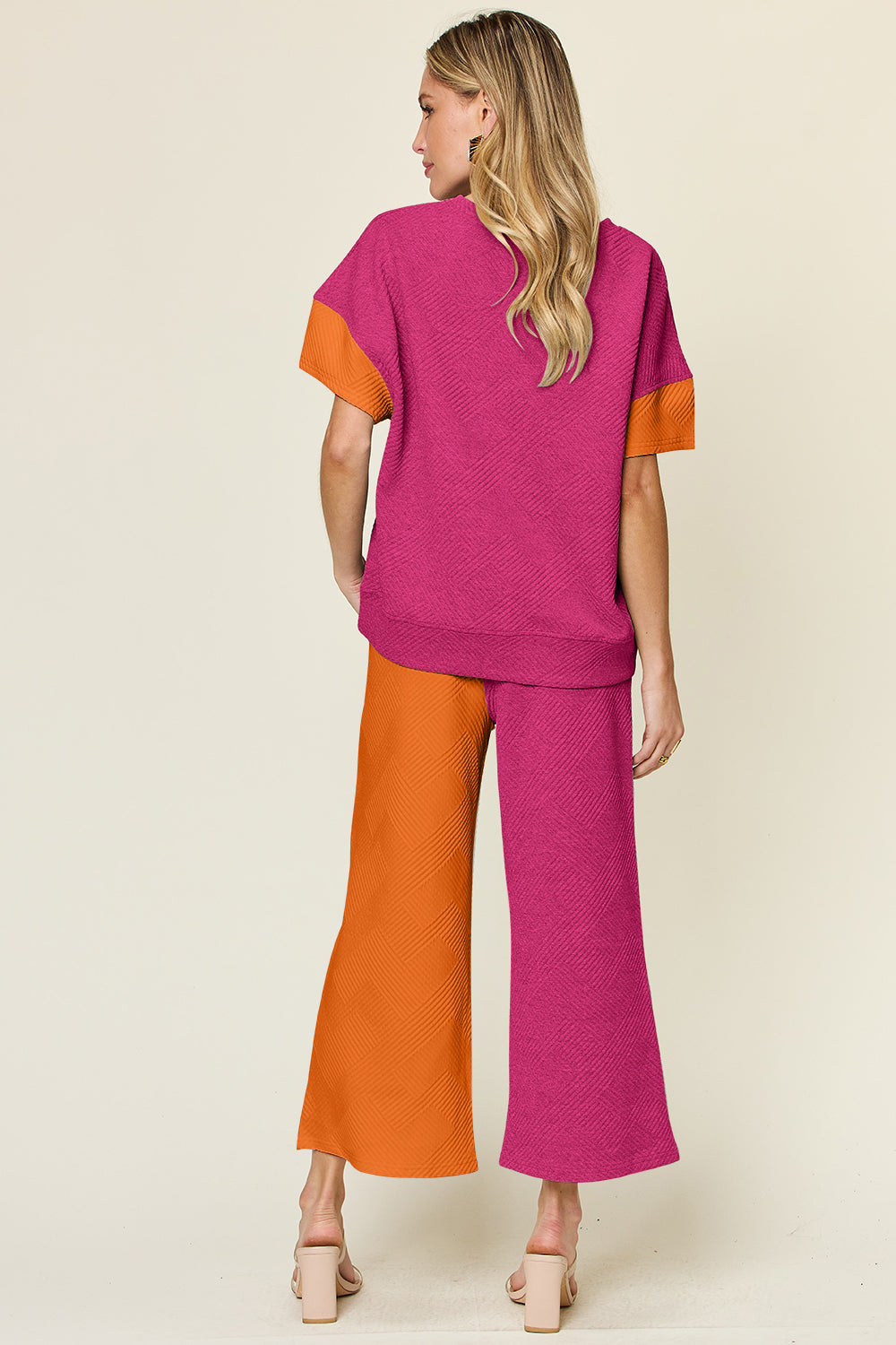 Double Take Full Size Texture Contrast T-Shirt and Wide Leg Pants Set - More Colors! - In Style Chics Boutique LLC