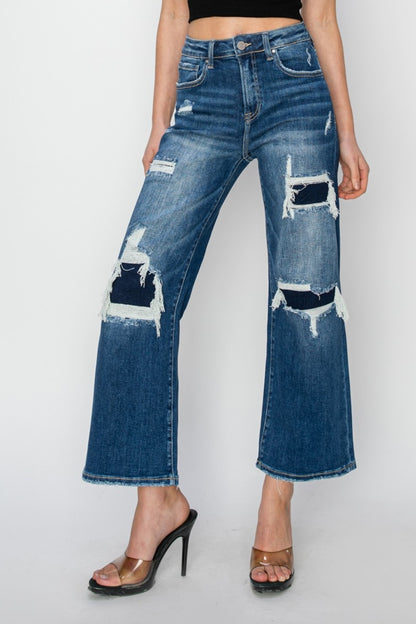 Risen Full Size High Rise Patch Detailed Wide Leg Crop Jeans - In Style Chics Boutique LLC