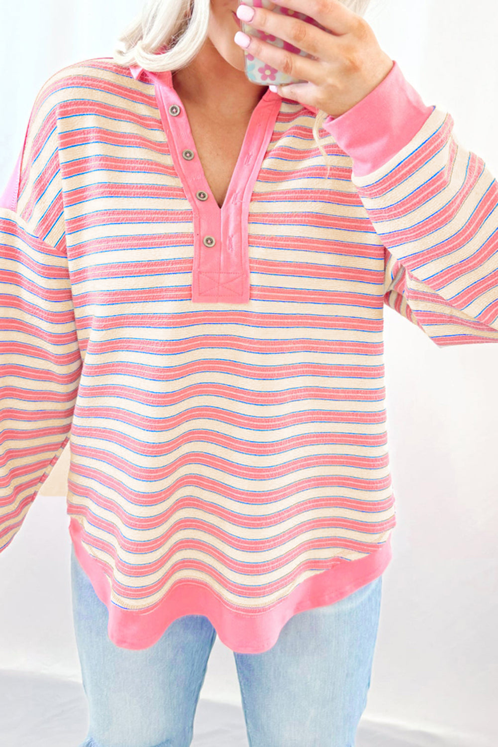 Stripe Collared V Neck Drop Shoulder Top - In Style Chics Boutique LLC