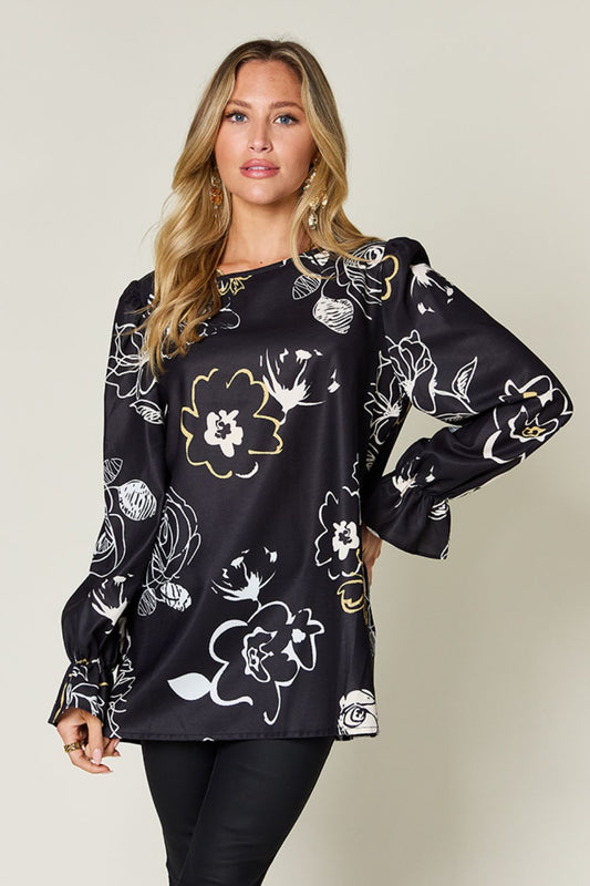 Double Take Full Size Printed Flounce Sleeve Blouse - In Style Chics Boutique LLC