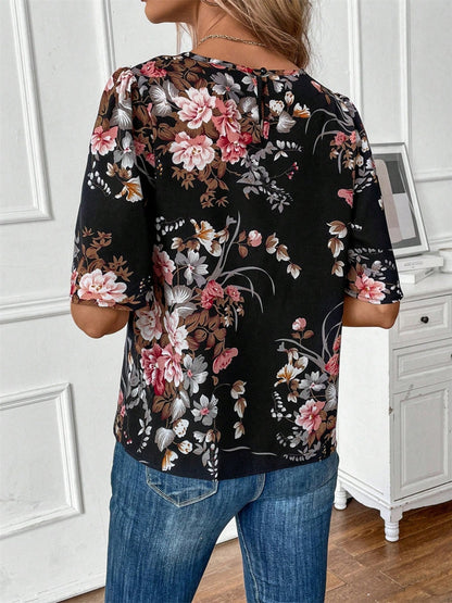 Floral Round Neck Half Sleeve Blouse - In Style Chics Boutique LLC