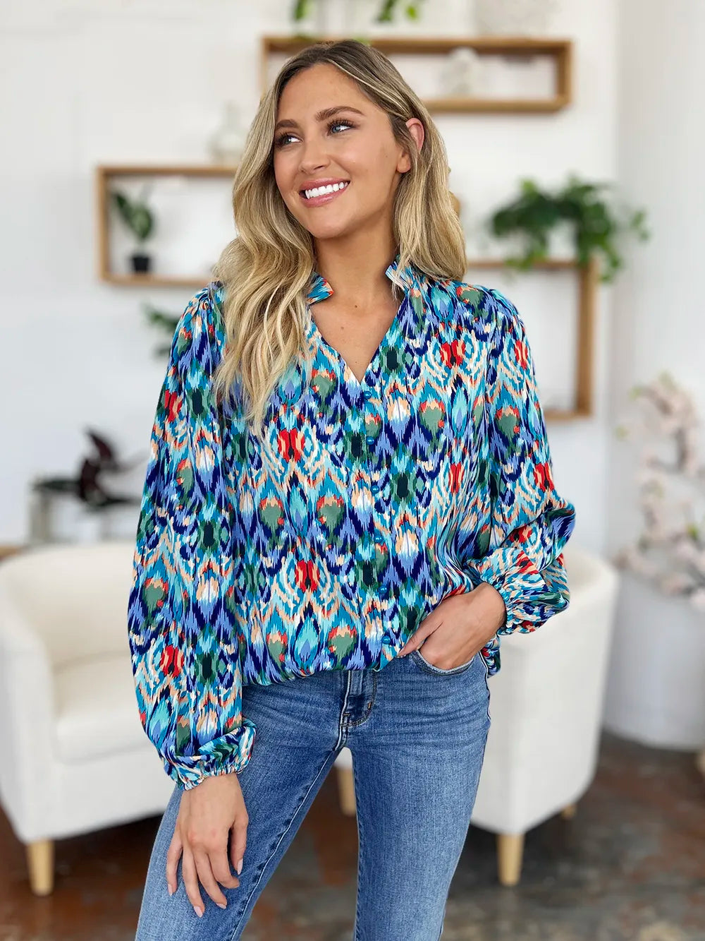 Printed Balloon Sleeve Blouse 💙 Shop Deals at In Style Chics Boutique 