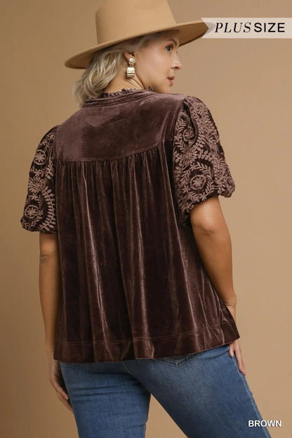 Velvet Embroidered Sleeve Blouse at In Style Chics Boutique 