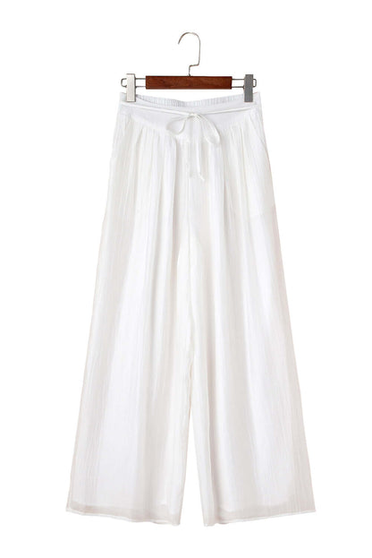 Women's Juniors White Casual Tie Waist Pleated Wide Leg Pants - Cute Clothes for Spring - In Style Chics Boutique Online Apparel 