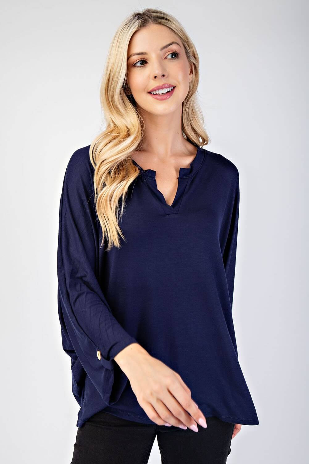 Celeste Full Size Notched Three-Quarter Sleeve Blouse - In Style Chics Boutique LLC