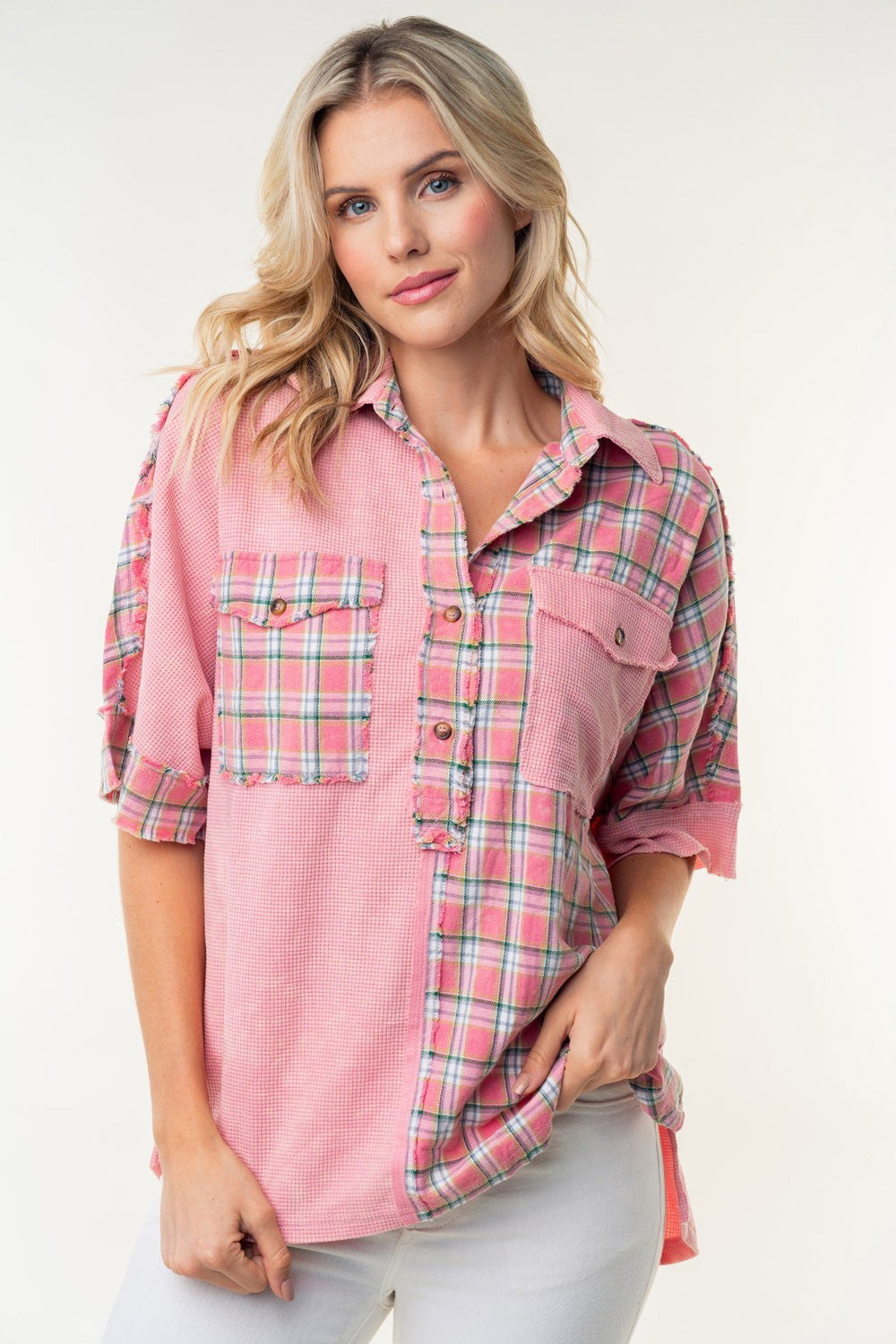 White Birch Plaid Color Block Half Button Top - In Style Chics Boutique LLC