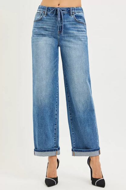 RISEN Elastic Band Slouch Ankle Boyfriend Cuffed Hem Jeans