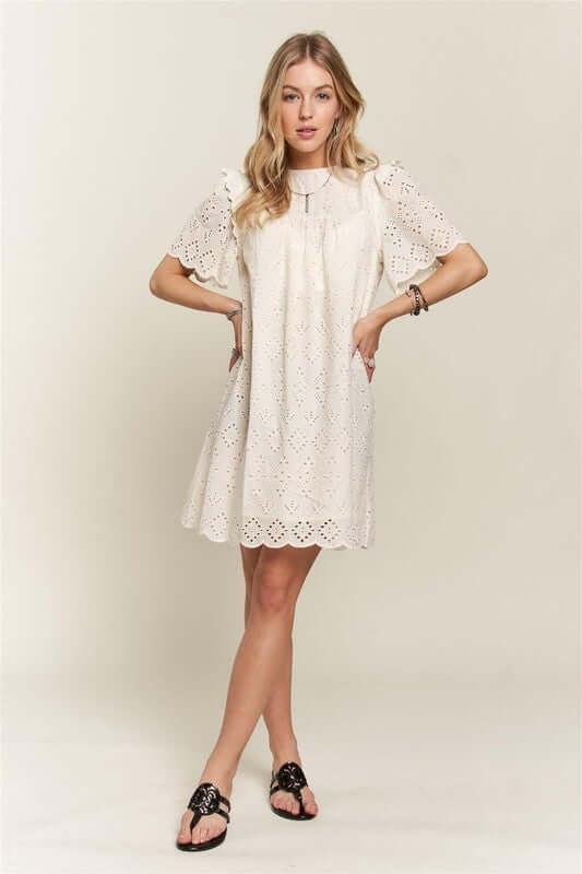 ADORA Ruffled Eyelet Round Neck Dress - In Style Chics Boutique LLC