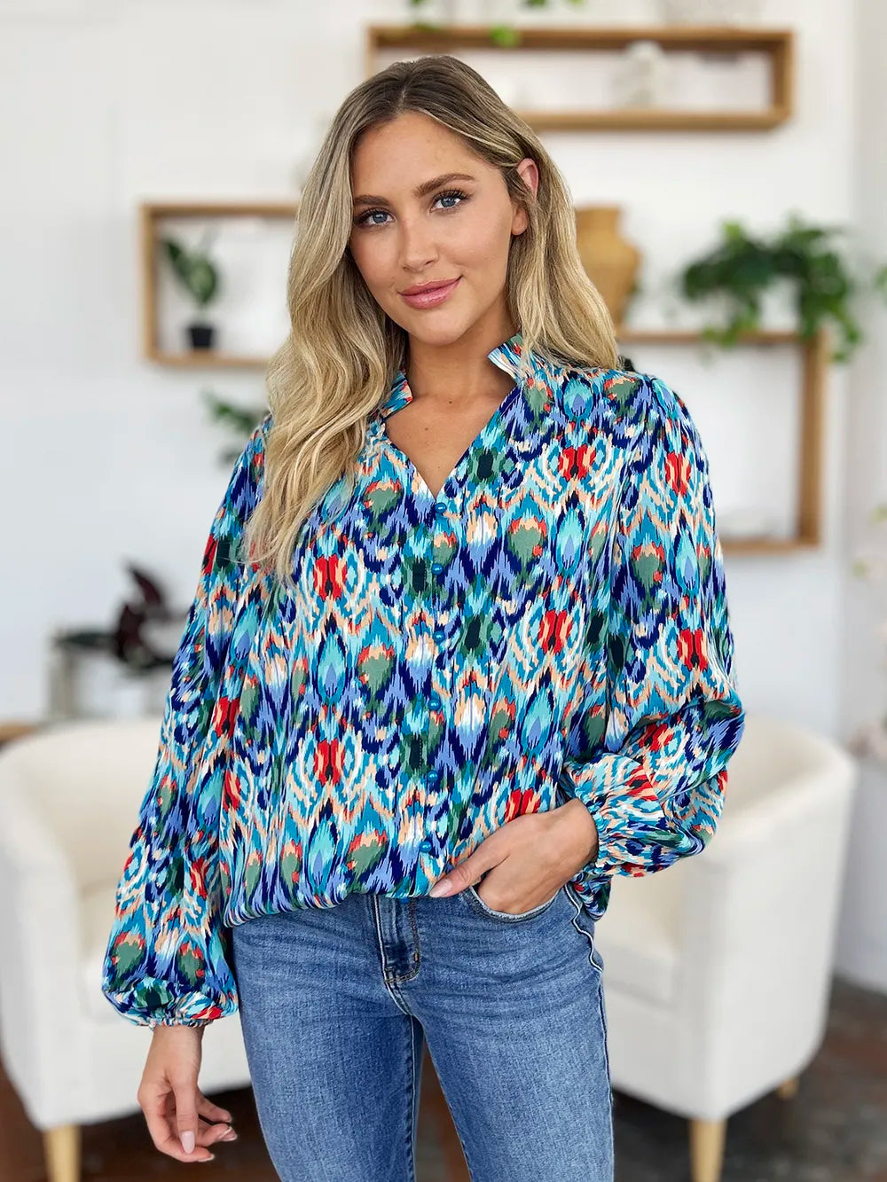 Printed Balloon Sleeve Blouse 💙 Shop Deals at In Style Chics Boutique 